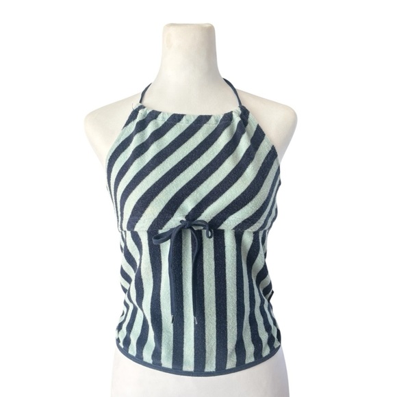Tommy Jeans Y2K Stripped Terry Cloth Halter Top Size Medium Front Tie - Picture 2 of 11
